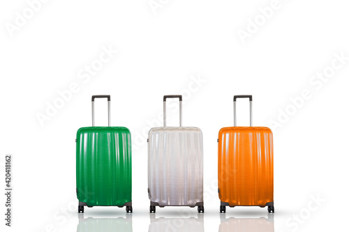 Ireland travel concept with suitcases in green, white and orange colors, representing the Irish national flag.