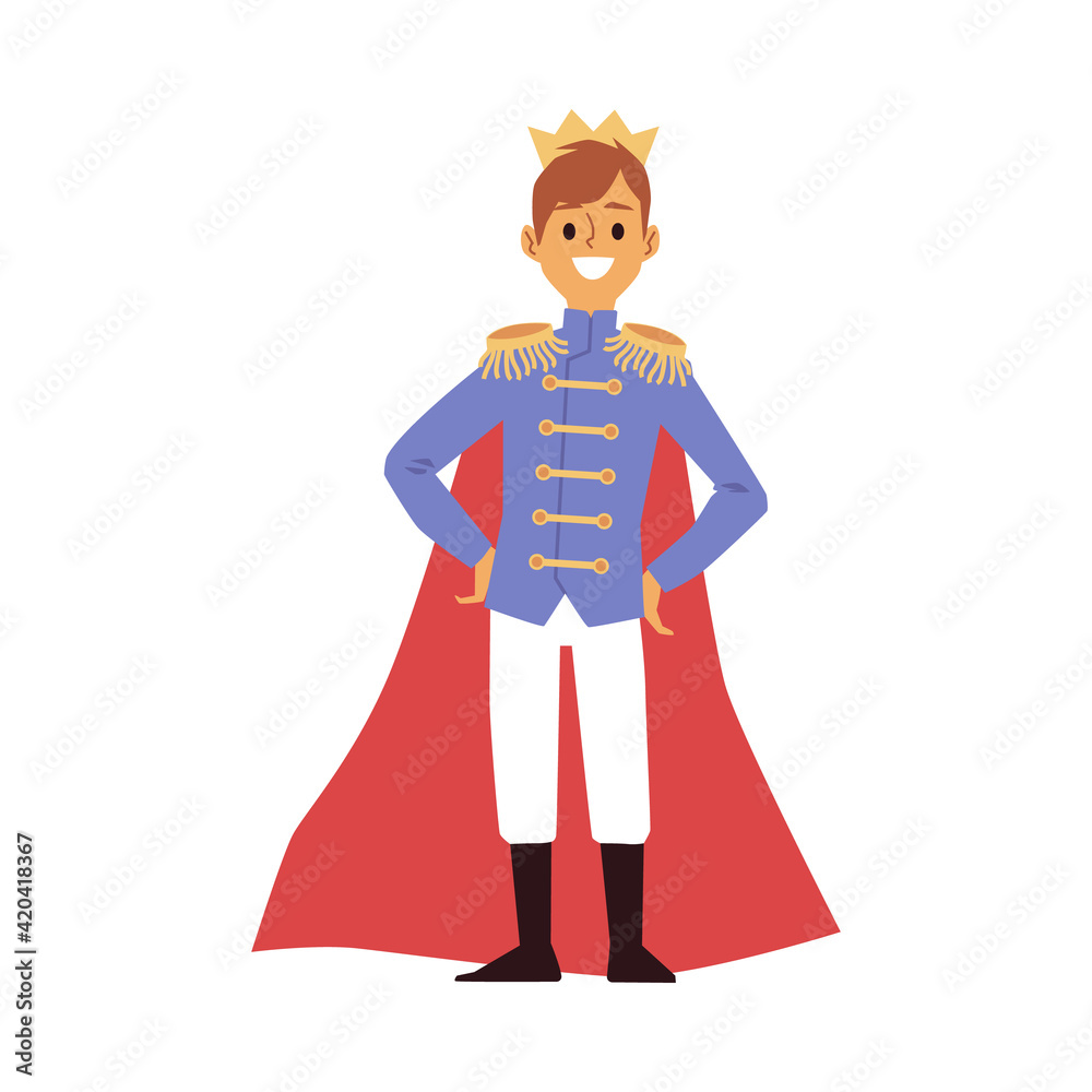 Cartoon prince in crown and royal costume with red cape Stock Vector |  Adobe Stock