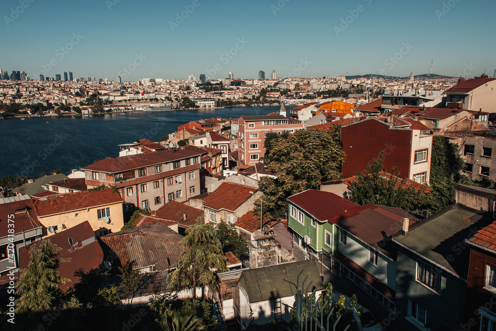 aerial view of old houses and Bosphorus strait
