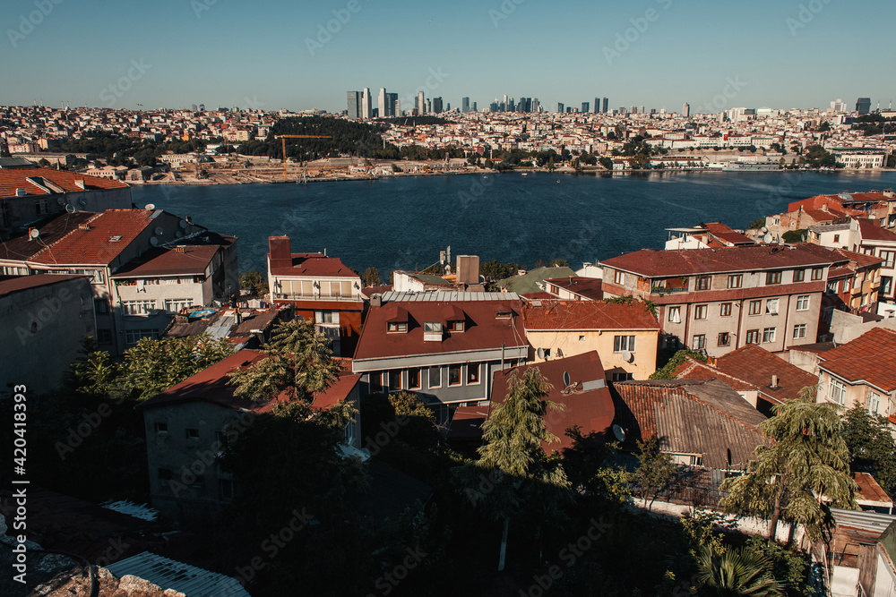 aerial view of old and modern houses, and Bosphorus strait