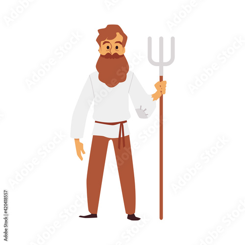 Male farmer holding pitchfork - cartoon man in medieval clothes