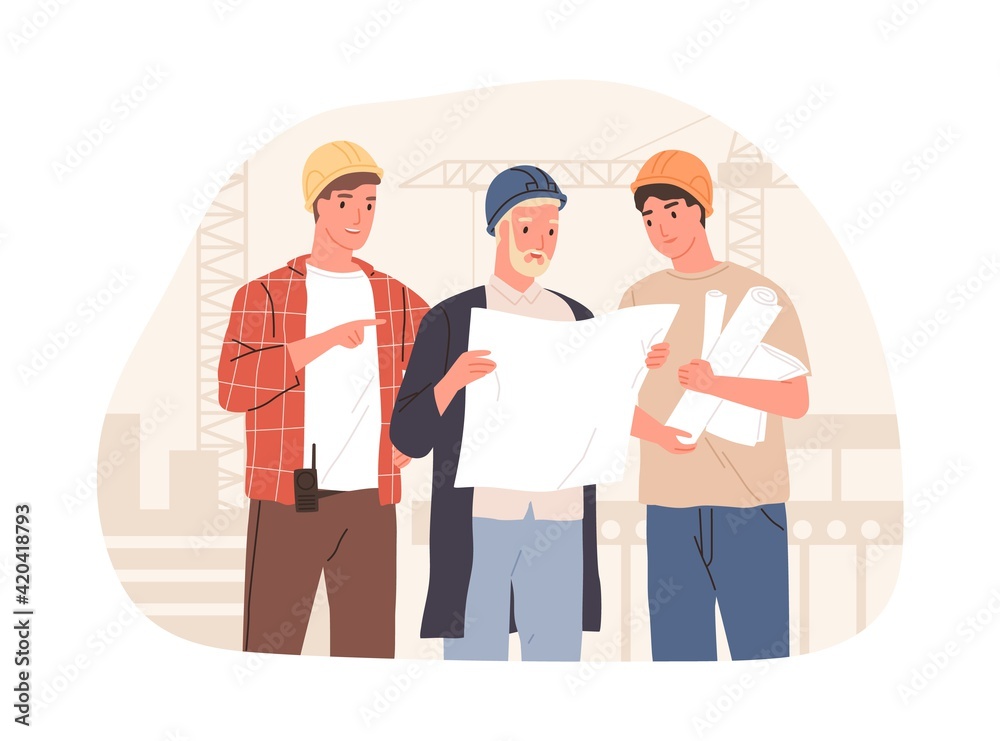 Inspector, manager and foreman discussing building project at construction site. Architect engineer holding real estate drawing. Colored flat vector illustration isolated on white background Inspector, manager and foreman discussing building project at construction site. Architect engineer holding real estate drawing. Colored flat vector illustration isolated on white background