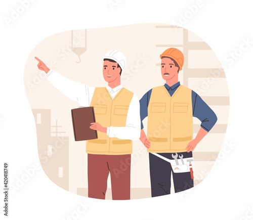 Inspector and foreman in hardhats at construction site. Supervisor or manager controlling building process. Colored flat vector illustration of workers in hard hats isolated on white background