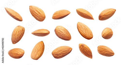 Print op canvas Different angle of raw almonds isolated on white background