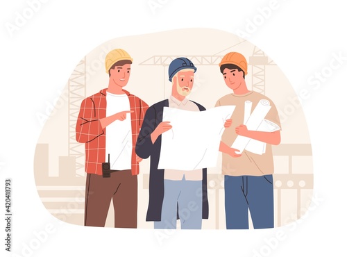 Inspector, manager and foreman discussing building project at construction site. Architect engineer holding real estate drawing. Colored flat vector illustration isolated on white background