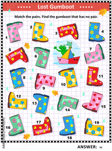 Visual puzzle with colorful rubber boots: Match the pairs. Find the gumboot that has no pair. Answer included.
