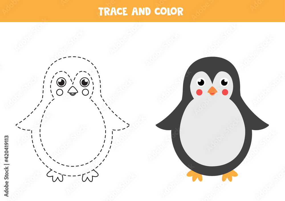 Obraz premium Trace and color cute penguin. Worksheet for kids.