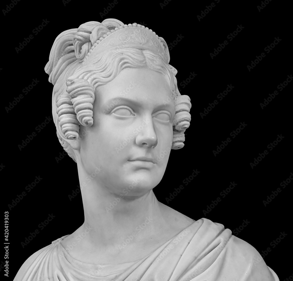 Ancient white marble sculpture head of young woman. Statue of sensual  renaissance art era woman antique style. Face isolated on black background  Photos | Adobe Stock