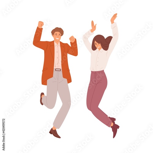 Happy couple of young man and woman dancing and jumping from joy. People celebrating success. Successful students or office workers. Colored flat vector illustration isolated on white background