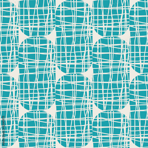 Irregular weave effect vector rectangles seamless pattern background. Backdrop with alternating columns of aqua blue cream white rounded coarsely woven shapes. Hessian fibre texture repeat for summer