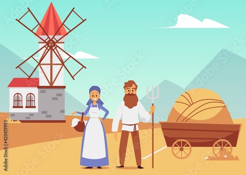 Vector illustration of medieval landscape with windmill, peasants and hay cart