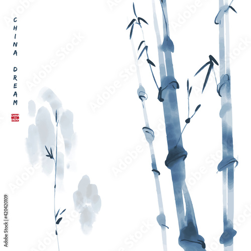 Chinese ink painted background with mountains, bamboo and sun. China dream