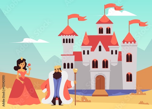 King and queen outside medieval castle - cartoon fairytale characters
