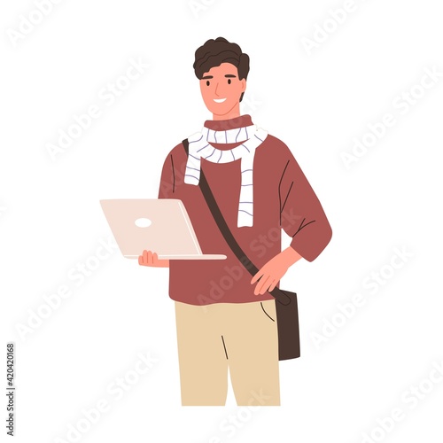 Happy modern student holding laptop. Young smiling man in casual clothing with crossbody bag. Portrait of smart guy from university. Colored flat vector illustration isolated on white background