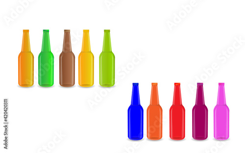 Colorful bottles, Bottles with colored liquids, Rainbow Color Glass Bottles, Glass bottle mockup. 3d rendering