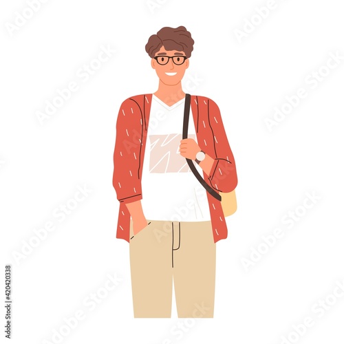 Portrait of modern university student in eyewear. Happy young man wearing casual clothing and backpack. Colored flat vector illustration of smiling guy isolated on white background