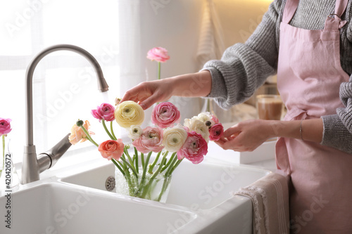 Fototapeta Naklejka Na Ścianę i Meble -  Woman taking care of cut fresh ranunculus flowers in kitchen, closeup