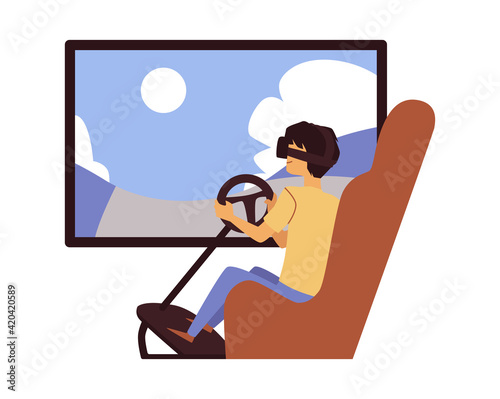 VR race game on TV screen and cartoon man in virtual reality glasses
