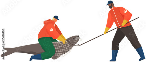 Volunteers catch animal, hold head and get it out of net. Social workers rescue trapped seal