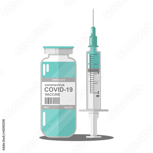 Vaccine COVID-19 vector icon. Syringe and blue vaccine vial, bottle of medicine on blue background. Coronavirus concept. Flat icon of a medical ampoule.  Isolated vector illustration