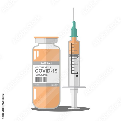 Vaccine COVID-19 vector icon. Syringe and orange vaccine vial, bottle of medicine on orange background. Coronavirus concept. Flat icon of a medical ampoule.  Isolated vector illustration