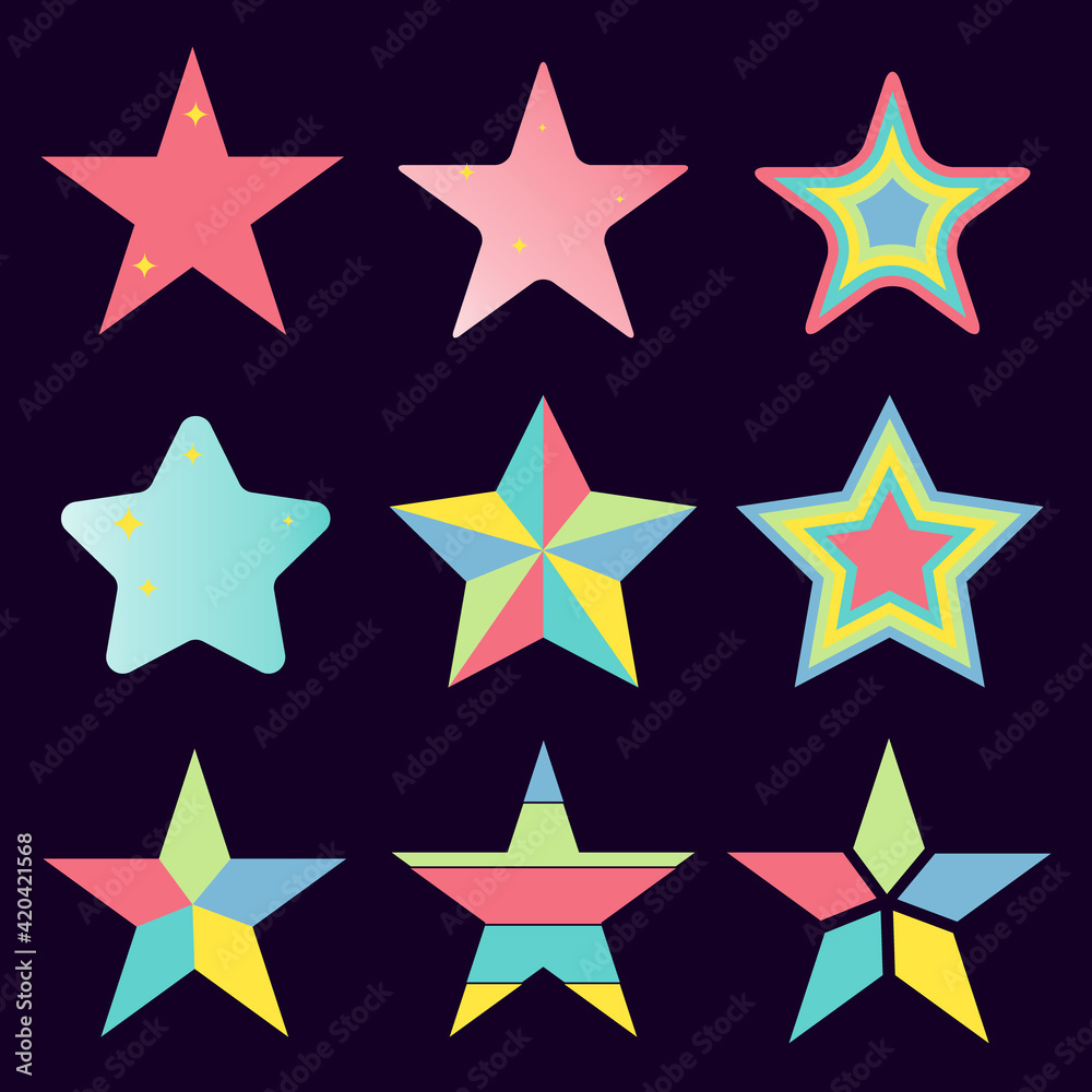 Stars. Set of geometric multicolored stars on a dark background. Vector, cartoon illustration. Vector. Stars. Set of geometric multicolored stars on a dark background. Vector, cartoon illustration. Vector.