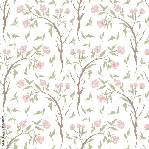 Floral rose pattern. Pretty flowers on white background. Printing with small pink rose flowers. Ditsy print. Seamless vector texture. Spring bouquet.