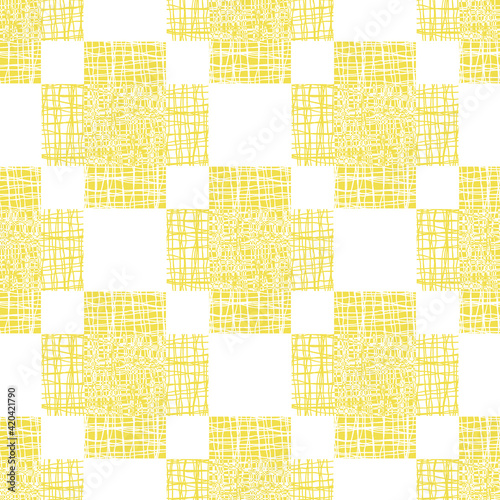 Irregular vector gauze weave effect cross seamless pattern background. Backdrop of yellow white coarsely woven crosses with spliced edges. Abstract Hessian fibre texture repeat for wellbeing