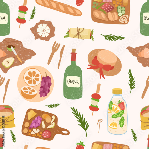 Seamless pattern of picnic food and drinks: sandwich,snacks, fruits,bread, sandwich,bottles of wine, lemonade,cheese.Vector hand drawn illustration in flat style on white background.