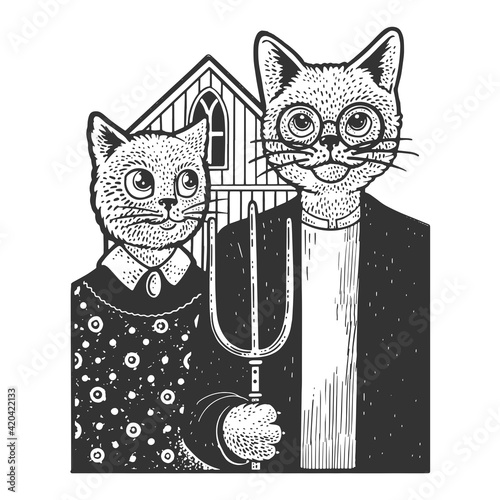 American Gothic cats sketch engraving vector illustration. T-shirt apparel print design. Scratch board imitation. Black and white hand drawn image.