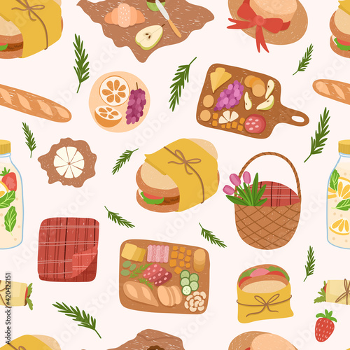 Seamless pattern of picnic food and drinks: sandwich,snacks, fruits,bread, sandwich,bottles of wine, lemonade,cheese.Vector hand drawn illustration in flat style on white background.