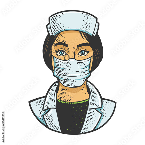 nurse woman color sketch engraving vector illustration. T-shirt apparel print design. Scratch board imitation. Black and white hand drawn image.