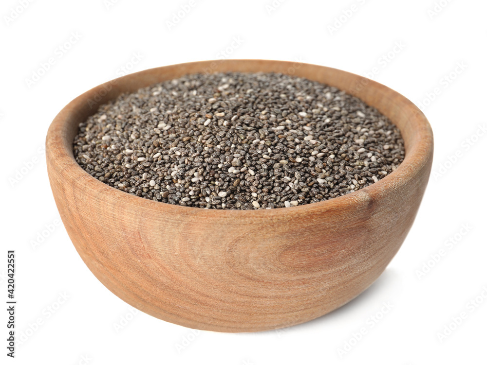 Chia seeds in wooden bowl isolated on white Chia seeds in wooden bowl isolated on white