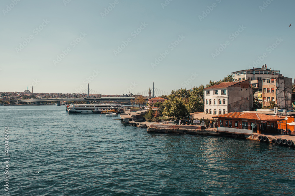 view from Bosphorus strait of seashore with buildings and moored ships, Istanbul, Turkey