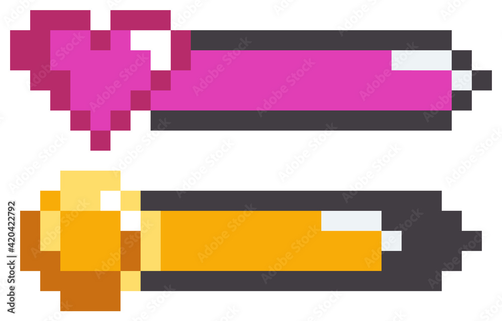 Life bar and coin bar elements pixel art. Pixelated progressor, energy, mana level, health reserve Life bar and coin bar elements pixel art. Pixelated progressor, energy, mana level, health reserve