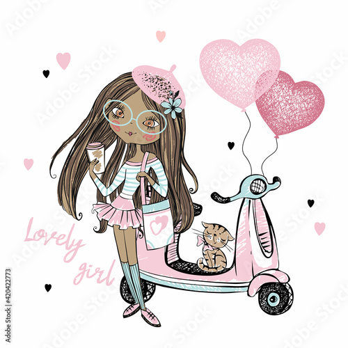 A cute dark-skinned teen girl in a pink beret stands next to her scooter with heart balloons. Valentine's day cards. Vector.