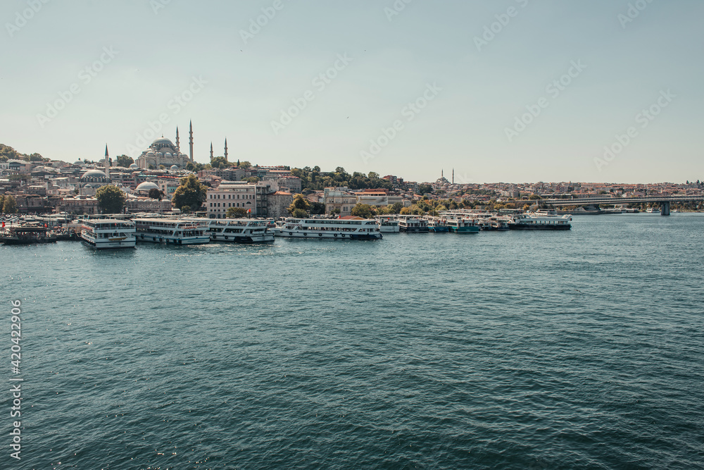 view of city, and ships moored on seashore, Istanbul, Turkey