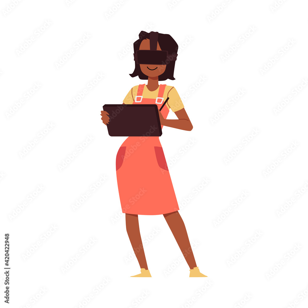 Girl with tablet and 3d vr glasses playing in video games a vector illustration. Girl with tablet and 3d vr glasses playing in video games a vector illustration.