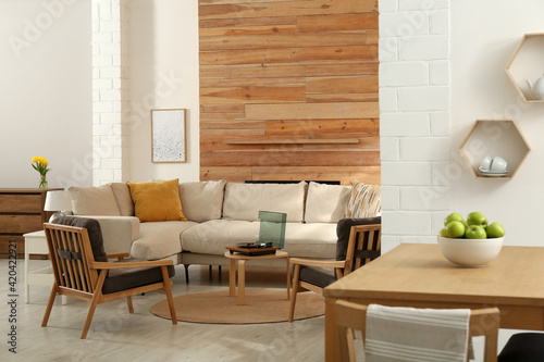 Stylish sofa in living room. Interior design