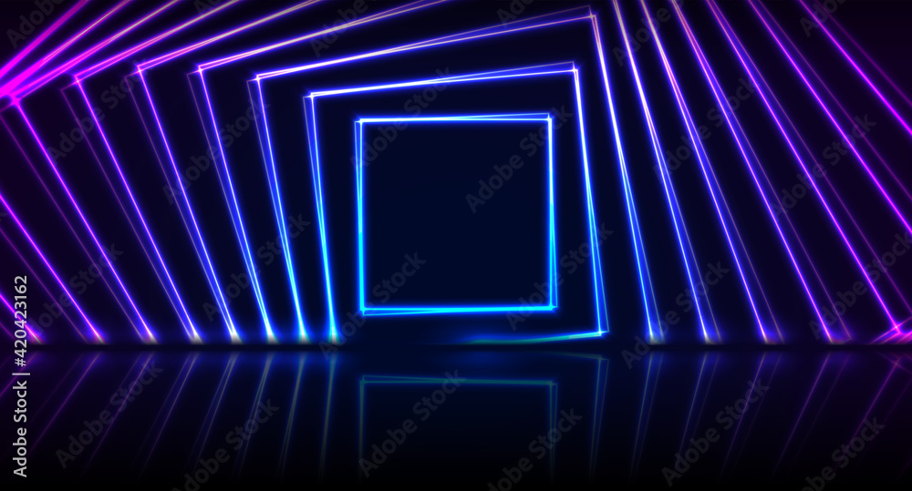 Blue and purple neon laser squares with reflection. Abstract technology ...