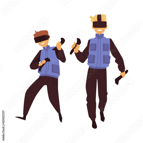 Two character boys with vr devices playing in video games a vector illustration