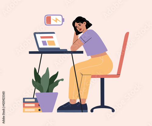 Girl tired of hard working, burnout because of work, woman at office sits by the table with laptop and procrastinating, unhappy person overworked and needs battery recharge. Modern trendy illustration