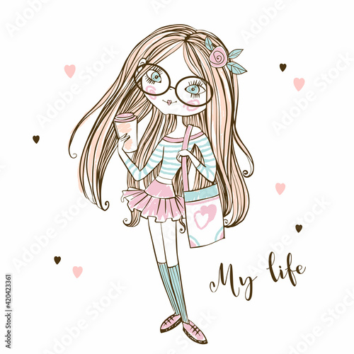 Cute fashionista teen girl in glasses with a Cup of coffee. My life. Vector