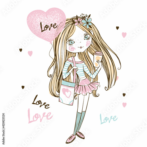 Cute fashionista teen girl with a Cup of coffee and a heart - shaped balloon. Valentine card. Vector.