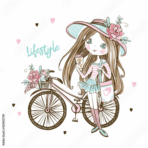 Cute fashionista teenage girl in a hat with a Bicycle. My life. Vector