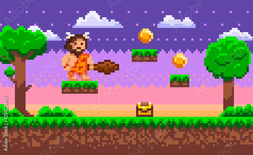 Pixelated natural landscape with caveman standing on meadow at night near platform with wooden chest