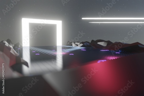 3d render  glowing lines  tunnel  neon lights  virtual reality  abstract background  square portal  arch  pink blue spectrum vibrant colors  laser show