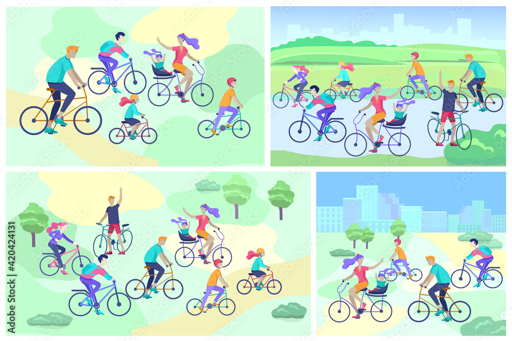 Landing page template with family riding bicycles, man waving his hand, mother riding bicycles with child. People cycling outdoor activities concept at park, healty life style. Cartoon illustration