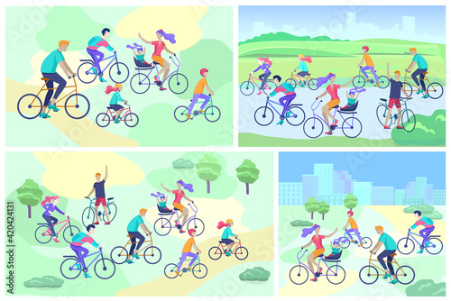 Landing page template with family riding bicycles  man waving his hand  mother riding bicycles with child. People cycling outdoor activities concept at park  healty life style. Cartoon illustration