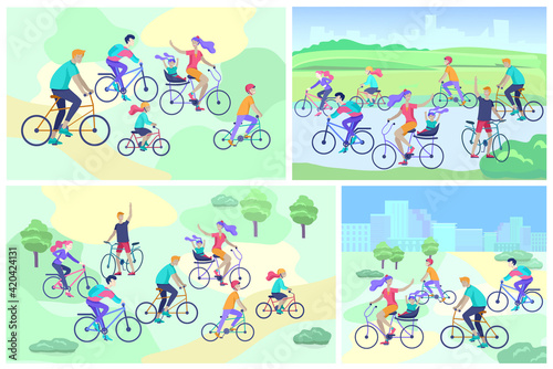 Landing page template with family riding bicycles, man waving his hand, mother riding bicycles with child. People cycling outdoor activities concept at park, healty life style. Cartoon illustration